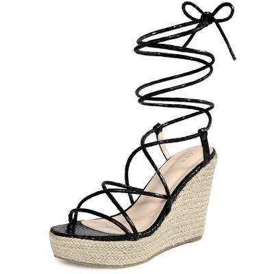 BLISSFUL STEP Women's Snake Print Open Toe Lace Up Wedge Sandals