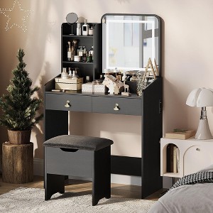Vanity Desk with LED Light Mirror and Charging Station,Small Makeup Vanities Set with 2 Drawers - 1 of 4