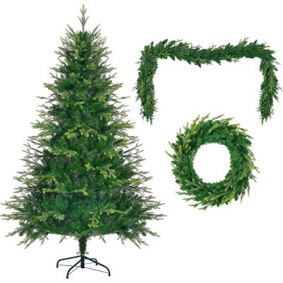 TopComfy Christmas Tree Stand 6FT Aspen Fir Tree with Wreath and Garland for Holiday Decor, Green, 40.5"*12"*12"