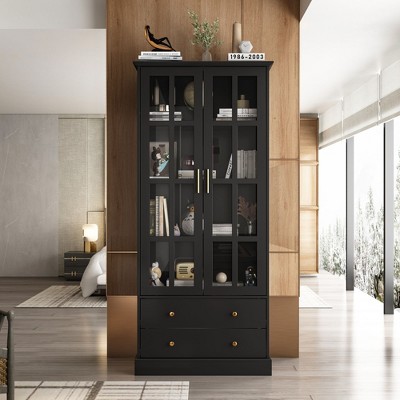 FUFU&GAGA Black Glass Door Display Storage Cabinet Tempered Glass Sturdy Cabinet