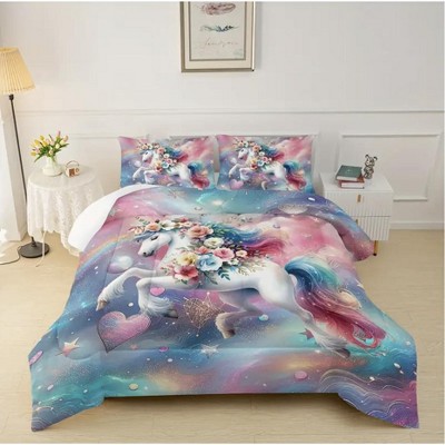 Boersma Unicorn Bedding Set, Dreamy Unicorn With Flowers Comforter Set, Unicorn Room Decor With 2 Pillowcases