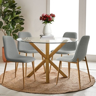 Olive+Oslo 5-piece Round Glass Dining Room Set with 4 Chairs, Oak Dining Table and Chairs for 4, Indoor Furniture - Maison Boucle