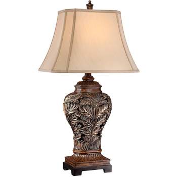 Barnes and Ivy Leafwork Traditional Table Lamp 32 1/2" Tall Bronze with Table Top Dimmer Tan Rectangular Shade for Bedroom Living Room Bedside Office