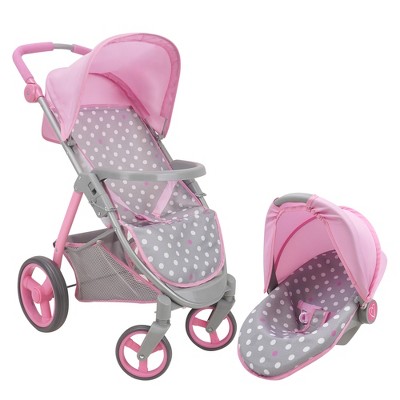 Cotton Candy Pink and Gray Polka Dot Doll Stroller Travel System