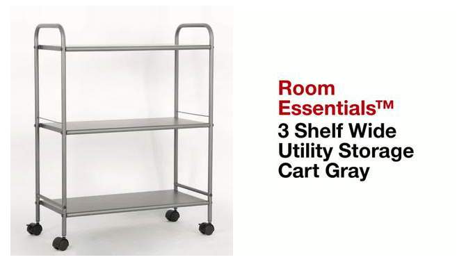 3 Shelf Wide Utility Storage Cart Gray - Room Essentials&#8482;: Steel Rolling Organizer with Wheels, Multipurpose, 2 of 11, play video