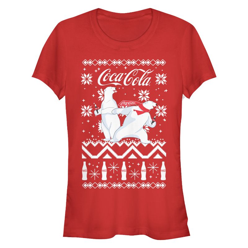Juniors Womens Coca Cola Ugly Christmas Polar Bear T-Shirt, 1 of 4