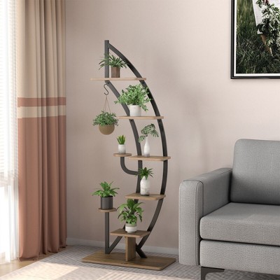 Curved Black Metal and Wood 6-Tier Plant Stand with Hook