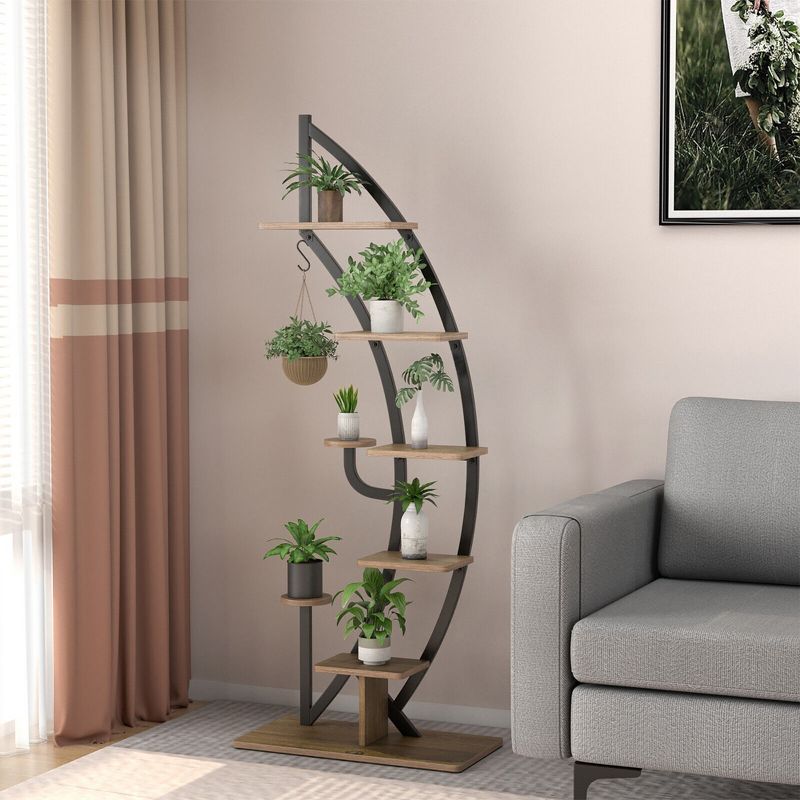 Tangkula 6 Tier 9 Potted Metal Plant Stand Rack Curved Stand Holder Display Shelf w/ Hook, 3 of 10