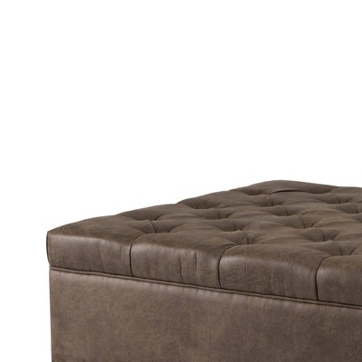 Brown Tufted Faux Leather Ottoman with Birch Legs