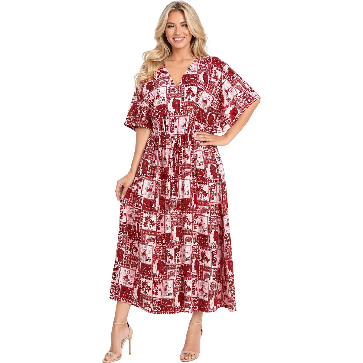 LA LEELA Summer Rayon Blend Women Vacation Caftan Maxi Dress Holiday Resortwear Cruise Pregnancy Wear Comfortable Outfit 2X-3X Red Turtle