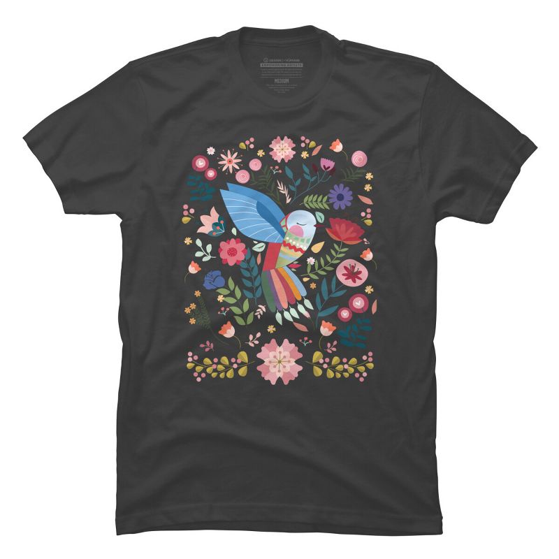 Men's Design By Humans Folk Art Inspired Hummingbird With A Flurry Of Flowers By LittleBunnySunshine T-Shirt, 1 of 5