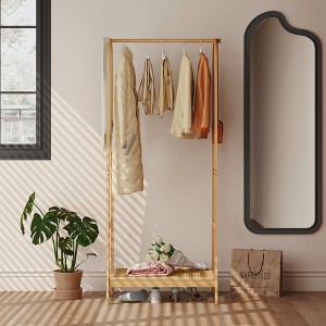 Bamboo Clothes Rack, Freestanding Clothing Rack with Storage Shelf and Hanging Rod,Wooden Space-Saving Garment Rack Organizer for Bedroom,Living Room - 1 of 4