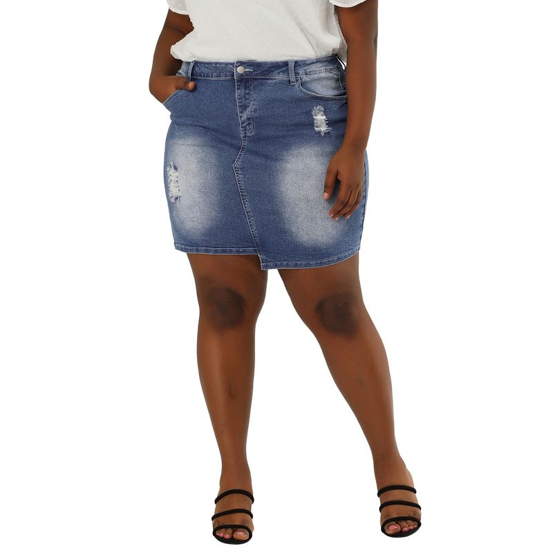 Agnes Orinda Women's Plus Size Ripped Slash Pocket Frayed Hem Denim Bodycon Skirt, 2 of 7
