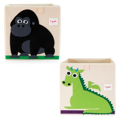 3 Sprouts Kids Childrens 13 Inch Square Felt Green Dragon Foldable Storage Cube Bin with Black Gorilla Fabric Storage Cube Bin