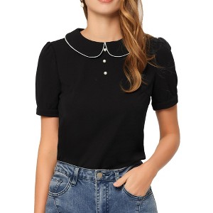 INSPIRE CHIC Women's Summer Peter Pan Collar Contrast Trim Puff Short Sleeve Blouse - 1 of 4