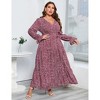 Plus Size Women's V Neck Long Sleeve Maxi Dress with Belt Flowy Elegant Floor Length Dress - 3 of 4