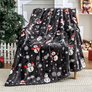 Grey Christmas Throw Blanket - Soft Warm Cozy Fleece Winter Throw, Holiday Blanket with Snowman And Snowflake - 1 of 4