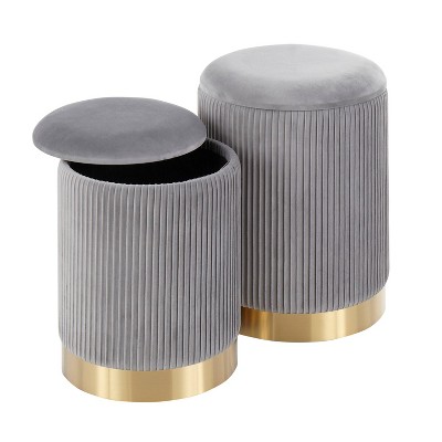 Gray Velvet Pleated Nesting Ottomans with Gold Metal Base