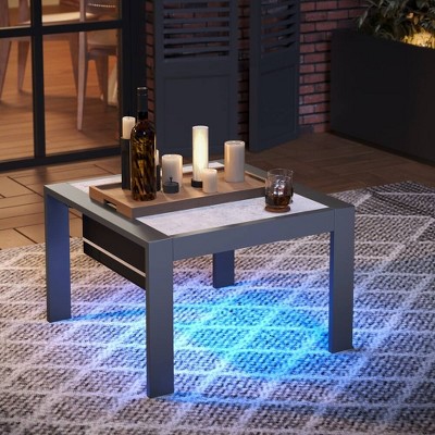 Bestier Aluminum Outdoor Coffee Table with Marble-Patterned Top&Built-In LED Light – Corrosion Resistance Patio Side Table with Waterproof Bag Pocket