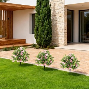 2Pcs 2FT Artificial Boxwood Topiary Ball Trees with Purple Bougainvillea Flowers, UV Resistant Fake Shrubs with Ground Spikes, Fake Plants for Garden - 1 of 4