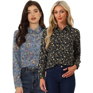 INSPIRE CHIC Women's Point Collar Long Button Sleeve Button Down Floral Shirt 2 Packs - 1 of 4