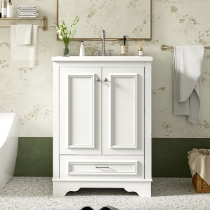 JUJABU 24'' Modern Freestanding Bathroom Vanity with Ceramic Sink and Soft-Close Doors, Silver Handles - 1 of 4