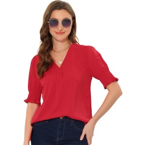 Allegra K Women's Bubble Sleeve V Neck Short Sleeve Blouse - 1 of 4