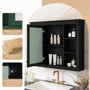35'' x 27.5'' Medicine Cabinet, Wall Mounted Bathroom Storage Cabinet, Modern Bathroom Wall Cabinet with Mirror, Mirror Cabinet with 6 Open Shelves - 1 of 4