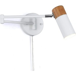 1-Light White Plug-In Swing Arm Wall Lamp with Wood Head - 1 of 4