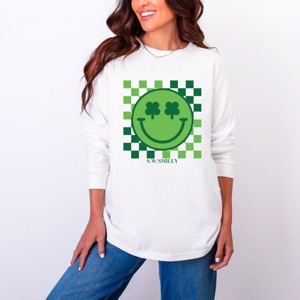 S.W.Smiley Clover Eyes Smiley - Women's Garment Dyed Long Sleeve Graphic T-Shirt - 1 of 4