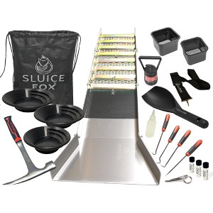 Complete Gold Mining Kit; Folding 50 inch Gold Sluice Box; Rock Pick Hammer; Gold Classifiers; Pay Dirt Scoop; Crevice Tools - 1 of 4