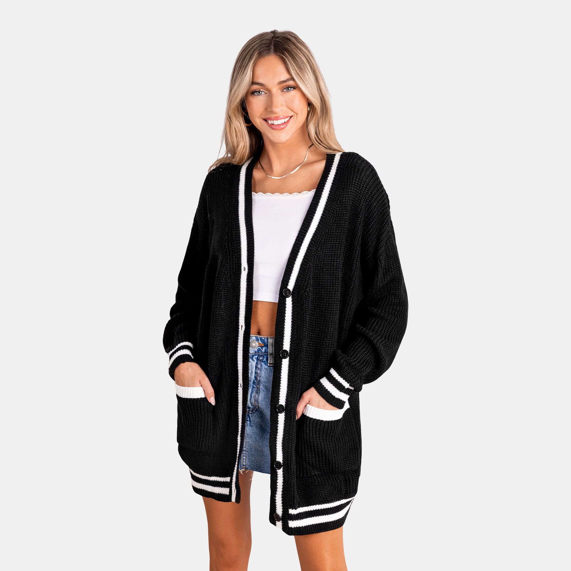 Women's Black Long Sleeve Button Up Cardigan -Cupshe