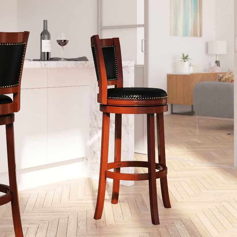 Merrick Lane Amara Series Wooden Stool with Open Panel Back with Faux Leather Accent and Seat, 4 of 9