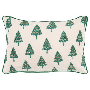 14"x20" Oversize Poly Filled Trees Lumbar Throw Pillow Green - Rizzy Home: Embroidered, Sequined, Cotton Canvas - 1 of 4