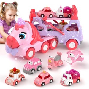Princess Theme Carrier Truck Toy 7 in 1 with Lights Music for Toddlers 1-3 Years Pink Light Pink - 1 of 4