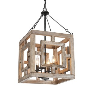 LNC Quaint 4-Lights 13.5" Farmhouse Square Pendant  Lights,  Grayish White Wood and Brushed Black - 1 of 4