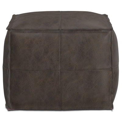 Erving Distressed Dark Brown Leather Square Pouf
