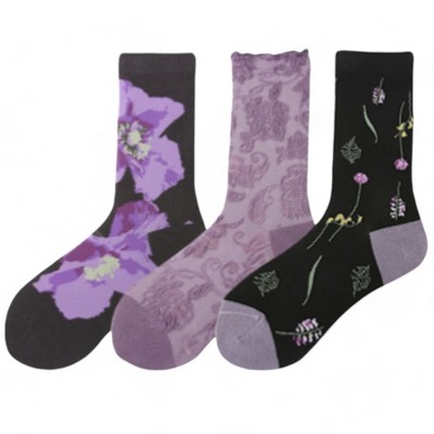 Alilang Women's 3-Pack Patterned Crew Socks with Vintage Embroidered Floral and Abstract Prints