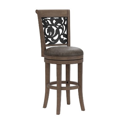 30.75" Bennington Wood Bar Height Swivel Stool with Ornate Metal Back Inlay/Rustic Oak - Hillsdale Furniture