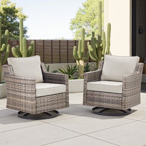 Buenhomino 3PC Patio Furniture Set - Swivel Rocker Chair Bistro Set with Rattan Side Table,Gray Wicker Blue Cushion - 1 of 4