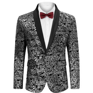 Men's Gold-Foil Printed Suit Jacket Blazer with Velvet-Like Base Fabric Silver Black XL - 1 of 4