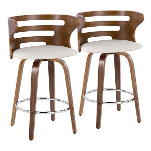 Set of 2 26" Fabric Mid-Century Modern Barstools with Wood Legs, Round Chrome Footrest, and 360¡ã Swivel for Kitchen or Home Bar - 1 of 4