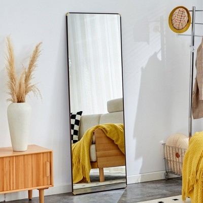 FURNIinspire Full Length Mirrors Floor Standing Wall Mirror, Bedroom Foyer, Clothing Store, Wall Mounted Mirror, Square Dark Brown, 23.2"*0.57"*65"