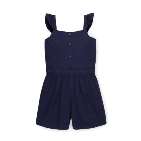 Hope & Henry Girls' Flutter Button Front Romper (navy Seersucker