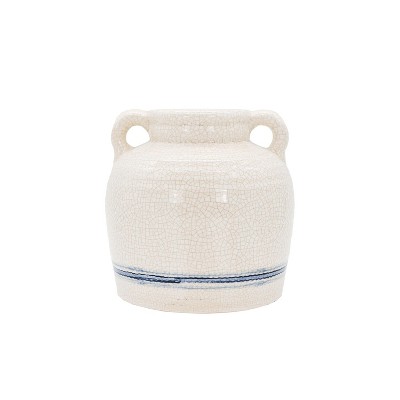 Vintage Crackle Vase with Handles Blue Stripe Stoneware by Foreside Home & Garden