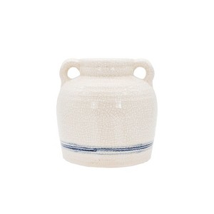 Vintage Crackle Vase with Handles Blue Stripe Stoneware by Foreside Home & Garden - 1 of 4