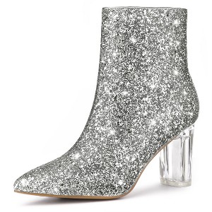 Allegra K Women's Zip Closure Pointed Toe Clear Block Heel Halloween Glitter Ankle Boots - 1 of 4