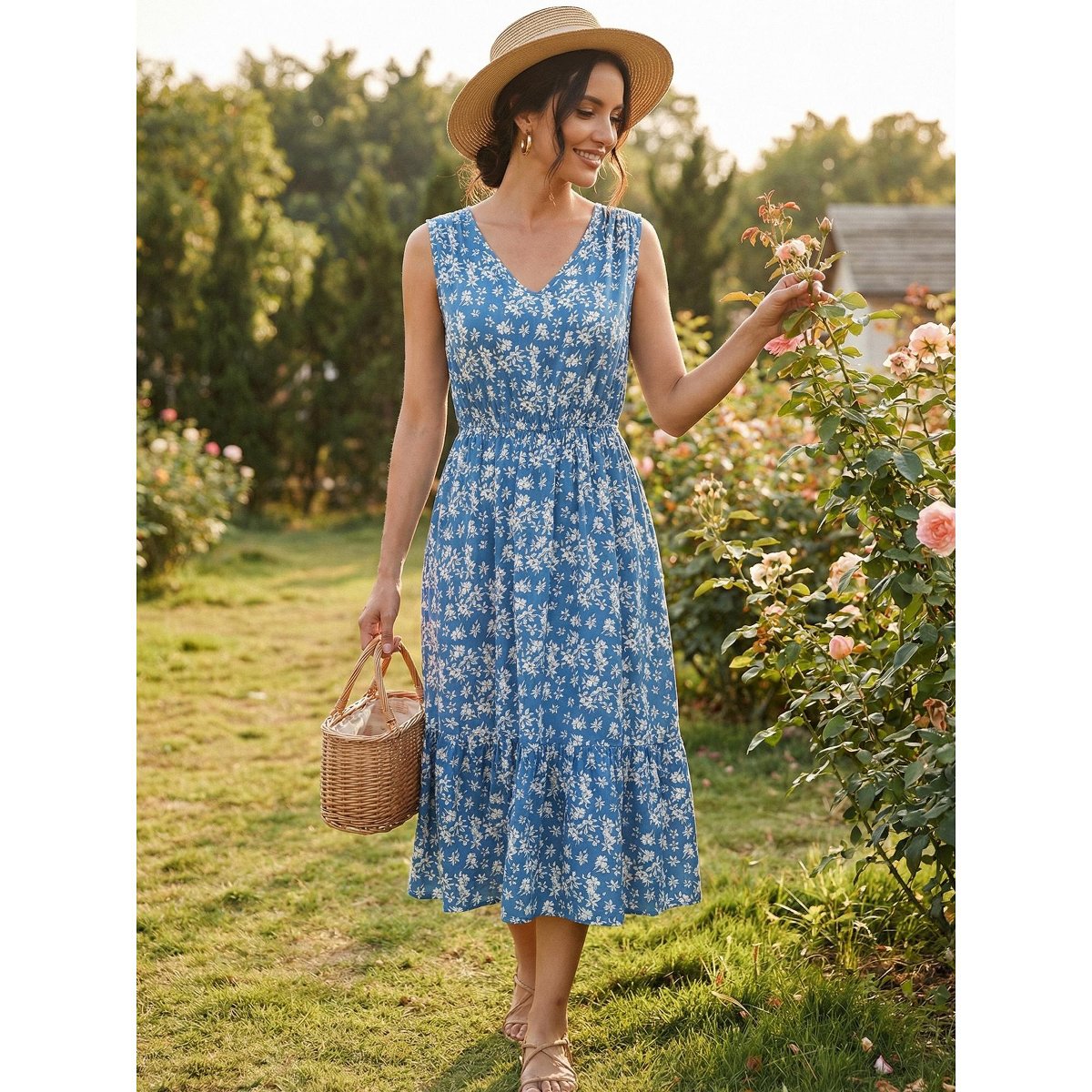 Женские платья INSPIRE CHIC Women's Summer Boho Beach V Neck Sleeveless Floral Flowy Tiered Midi Dress with Pockets 2 Packs Medium Blue/Pink — фото 2