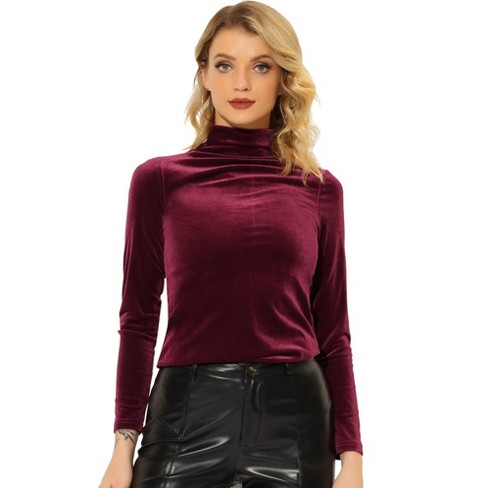 Allegra K Women's Turtleneck Velvet Long Sleeve Work Basic Velour Blouse  Burgundy Large : Target