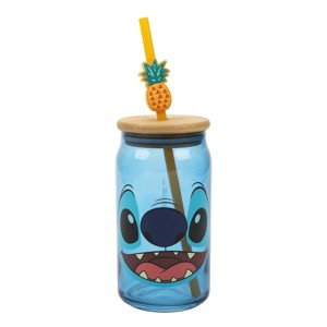 Disney Stitch Big Face 15 Oz Blue Glass Bottle With Straw & Lid - 1 of 4